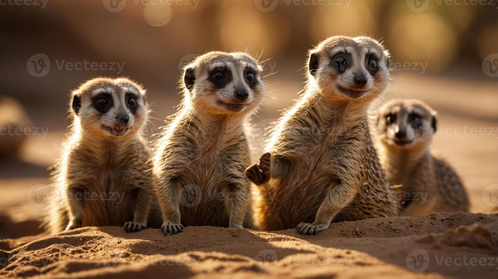 Four meerkats standing together in a sandy environment, enjoying the sunlight. photo