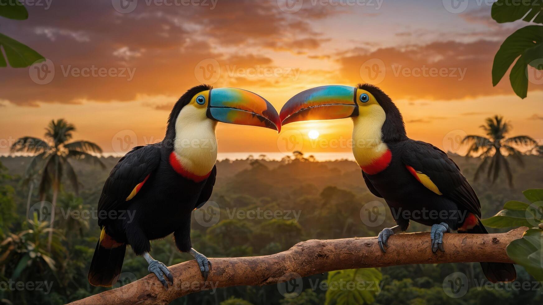 Two vibrant toucans perched on a branch at sunset in a lush tropical landscape. photo