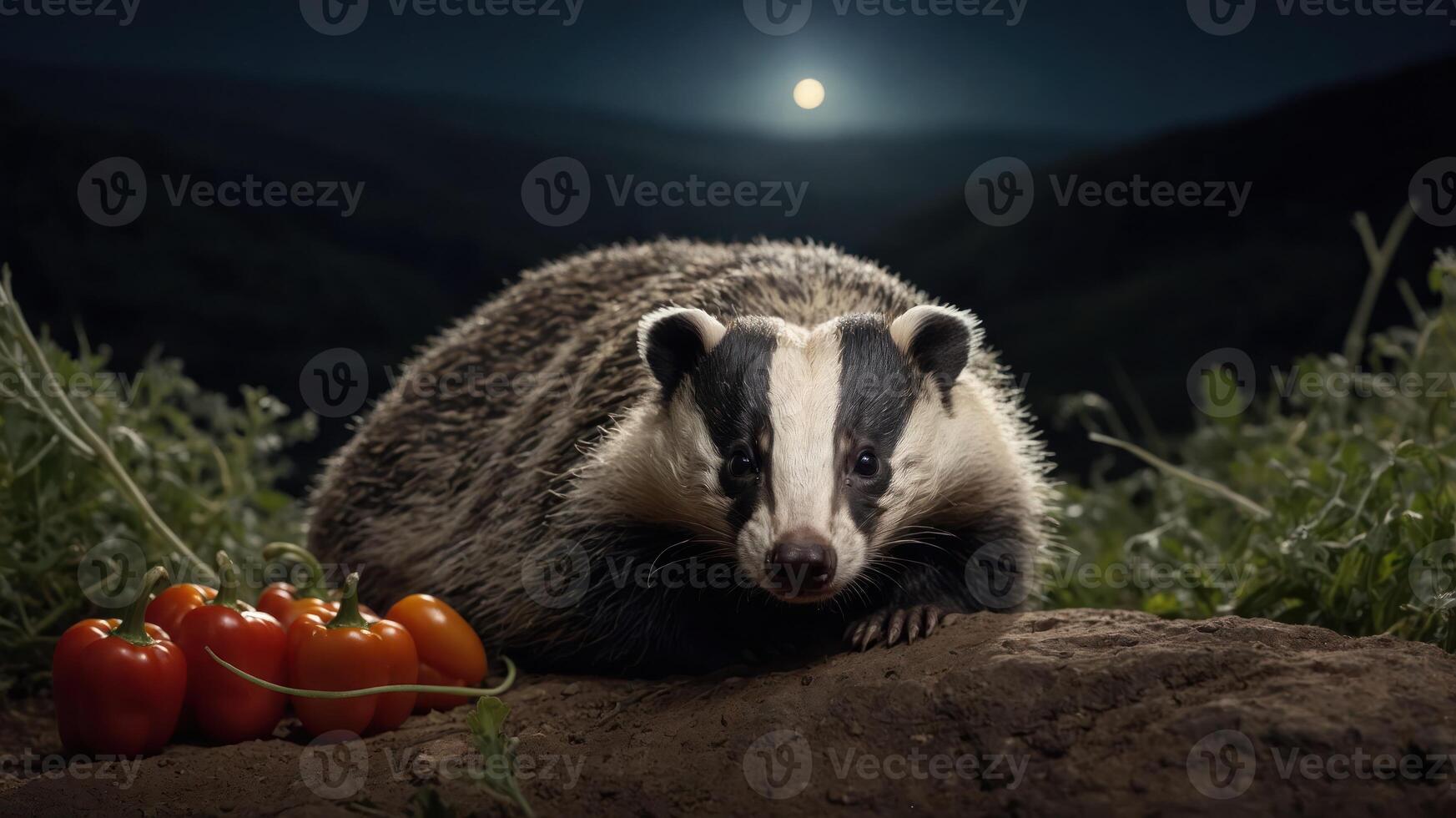A badger rests near tomatoes under a moonlit sky in a serene landscape. photo
