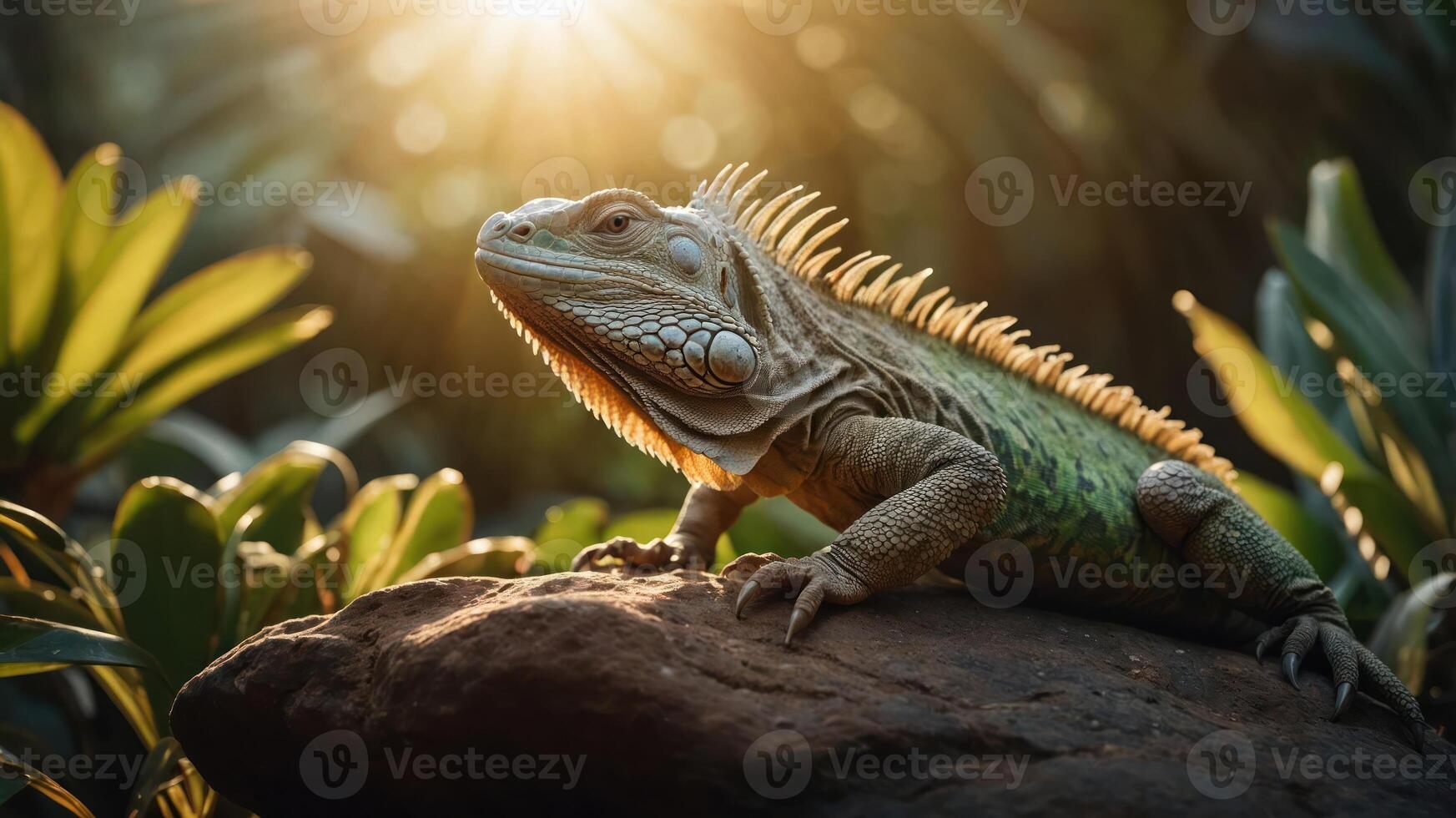 A green iguana basking on a rock with sunlight filtering through lush foliage. photo
