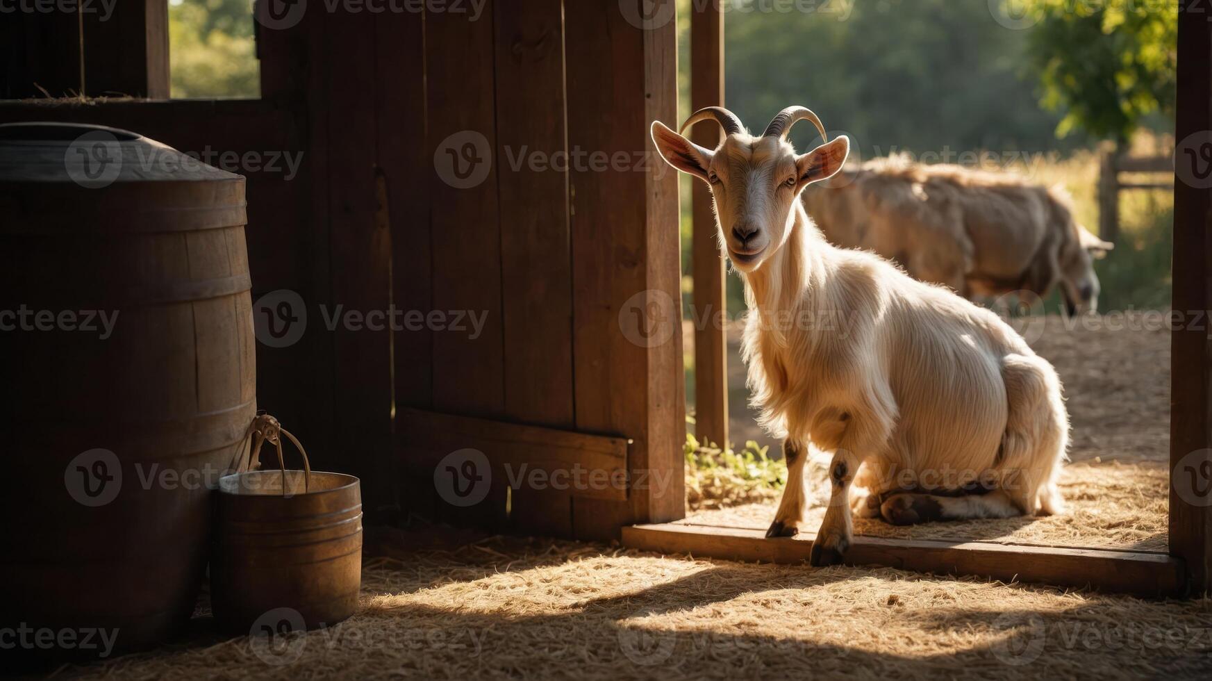 A goat sits in a barn doorway, with another animal in the background, illuminated by sunlight. photo
