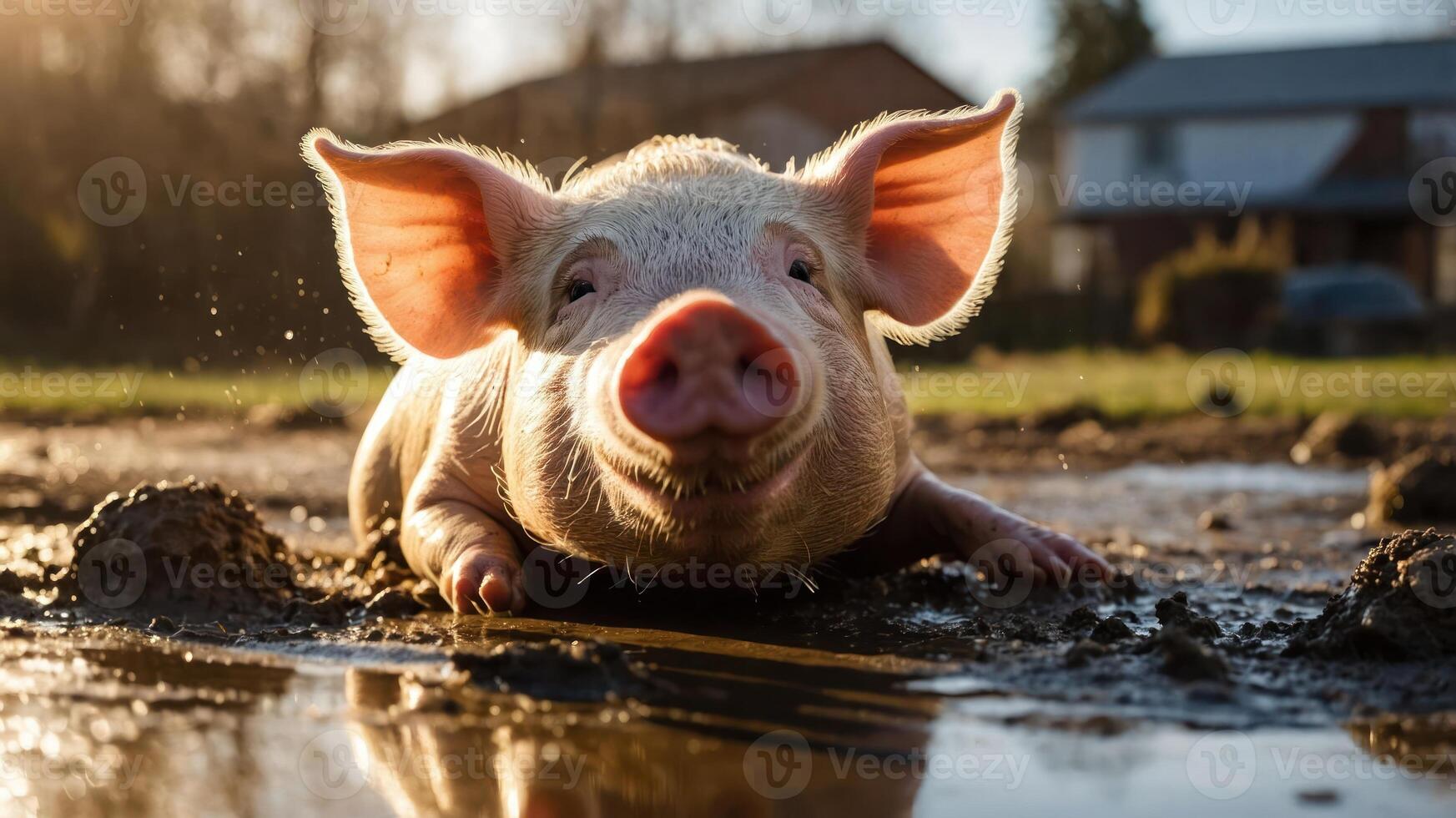A playful piglet splashes in a muddy puddle, enjoying a sunny day outdoors. photo