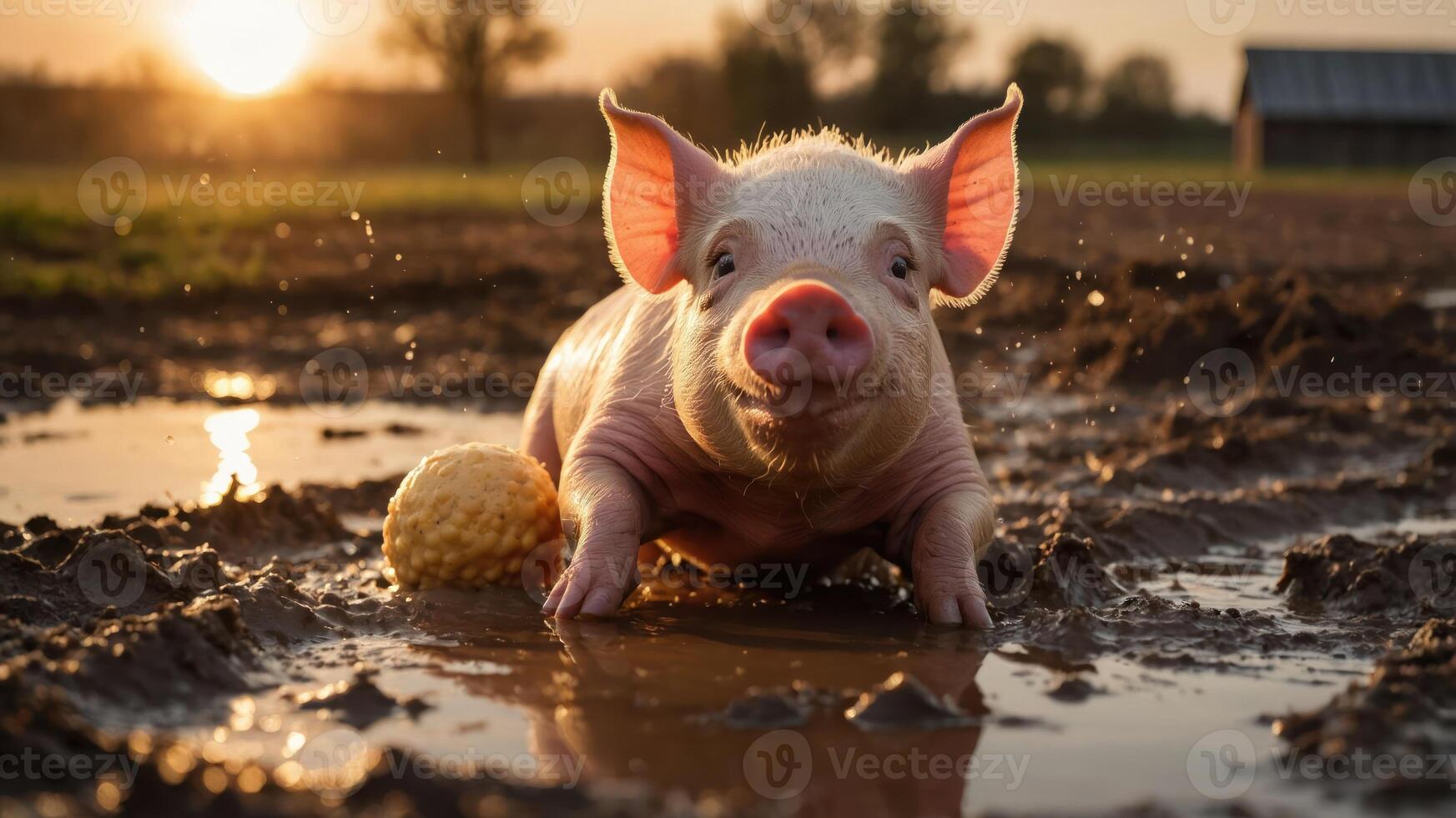 A playful piglet splashes in muddy water during sunset, showcasing joy in nature. photo