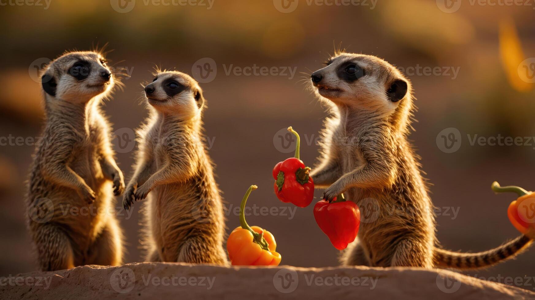 Three meerkats holding colorful peppers in a natural setting during golden hour. photo