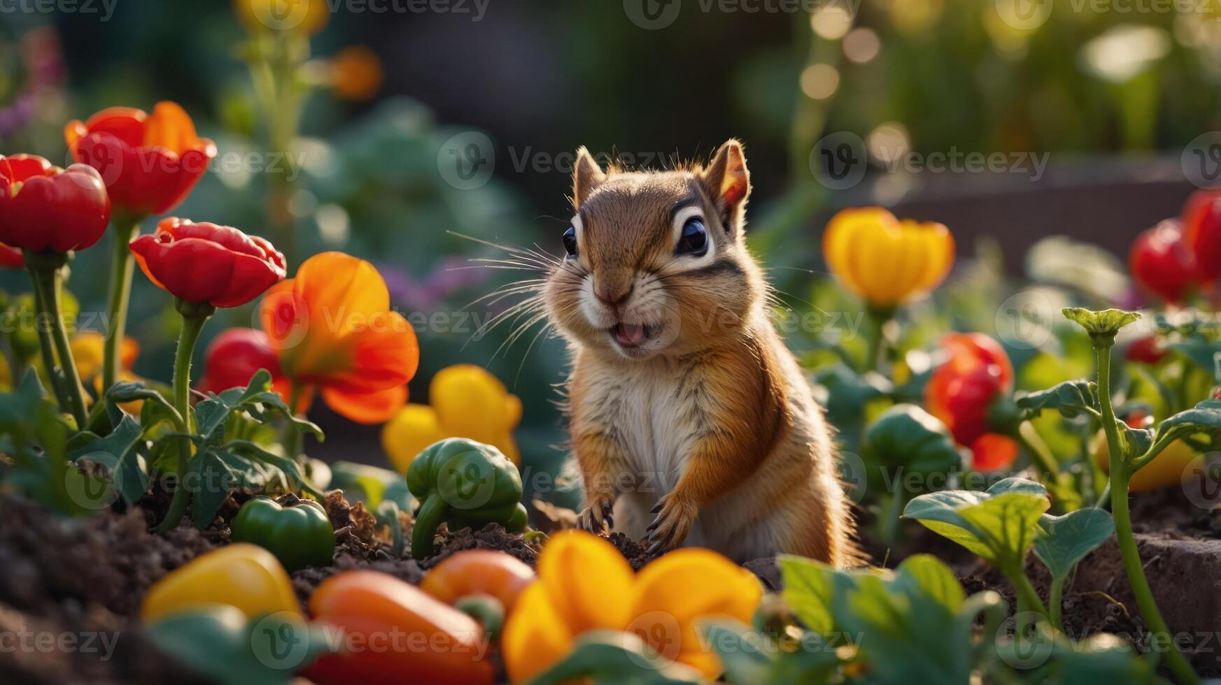 A cheerful chipmunk amidst vibrant flowers and vegetables in a garden setting. photo