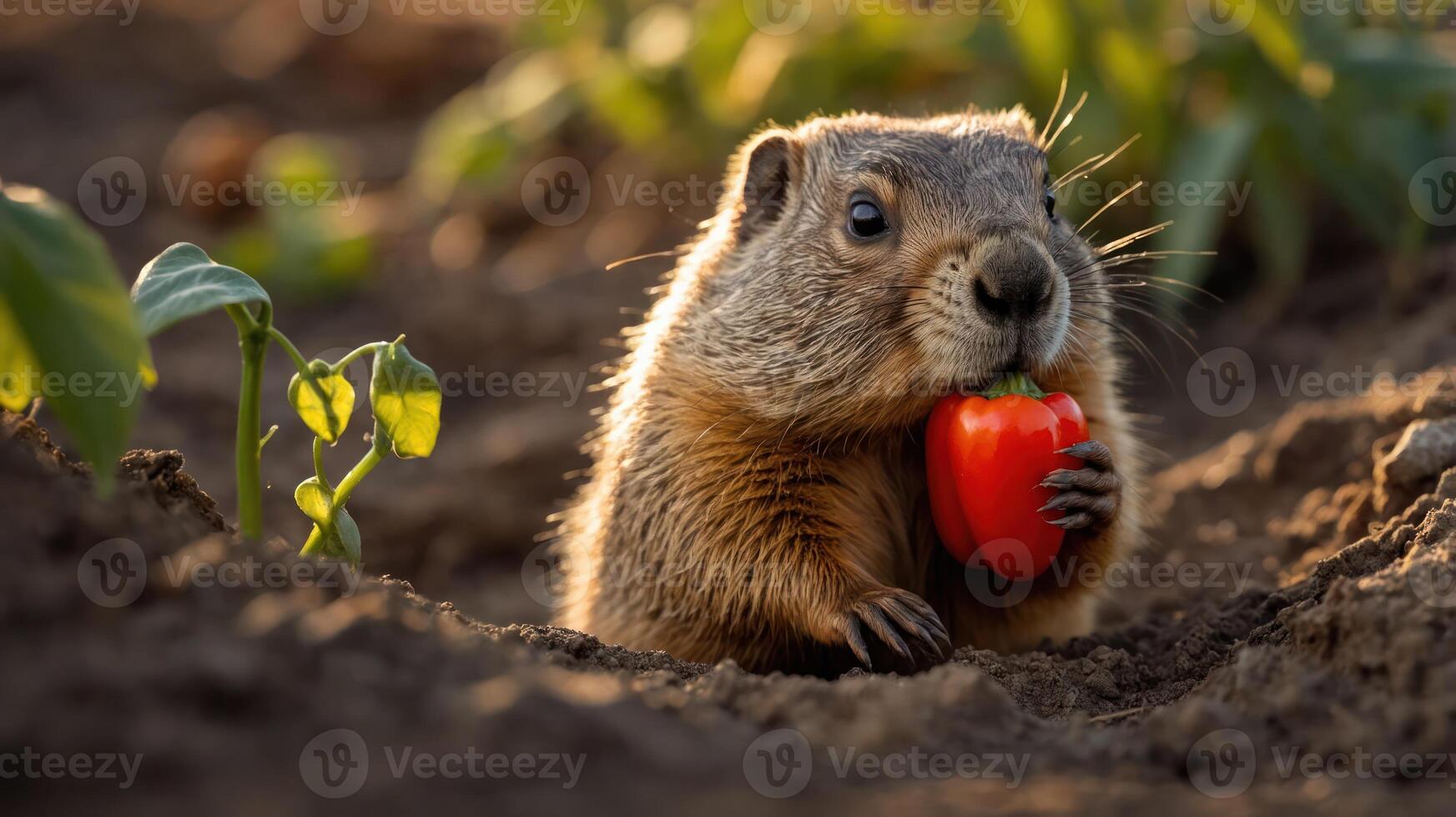 A groundhog munching on a red pepper among green plants in rich soil. photo