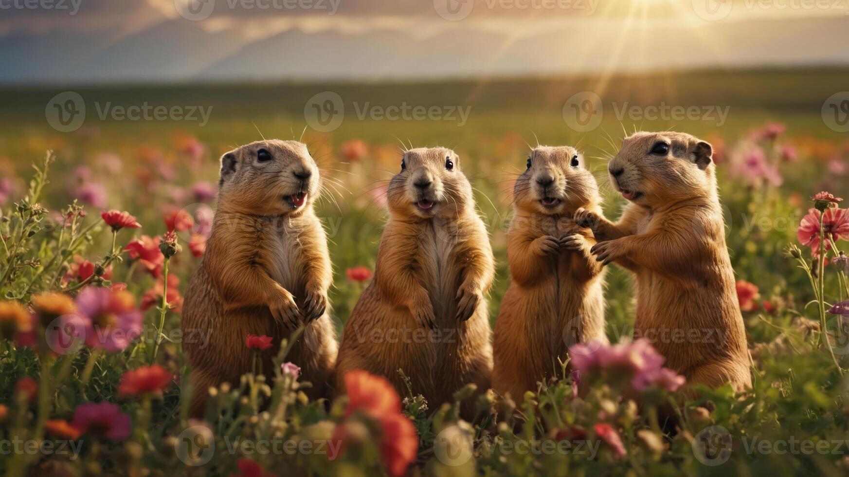 Four prairie dogs standing in a colorful flower field during sunset. photo