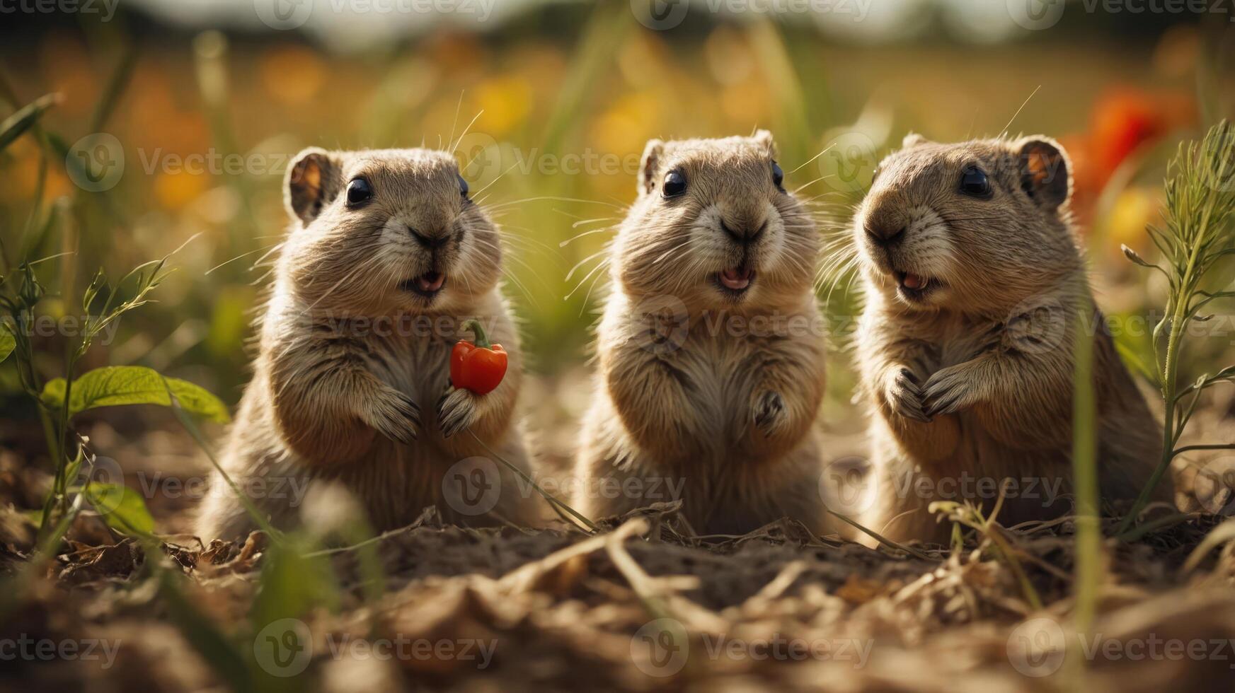 Three adorable prairie dogs standing in a field, each holding a small vegetable. photo