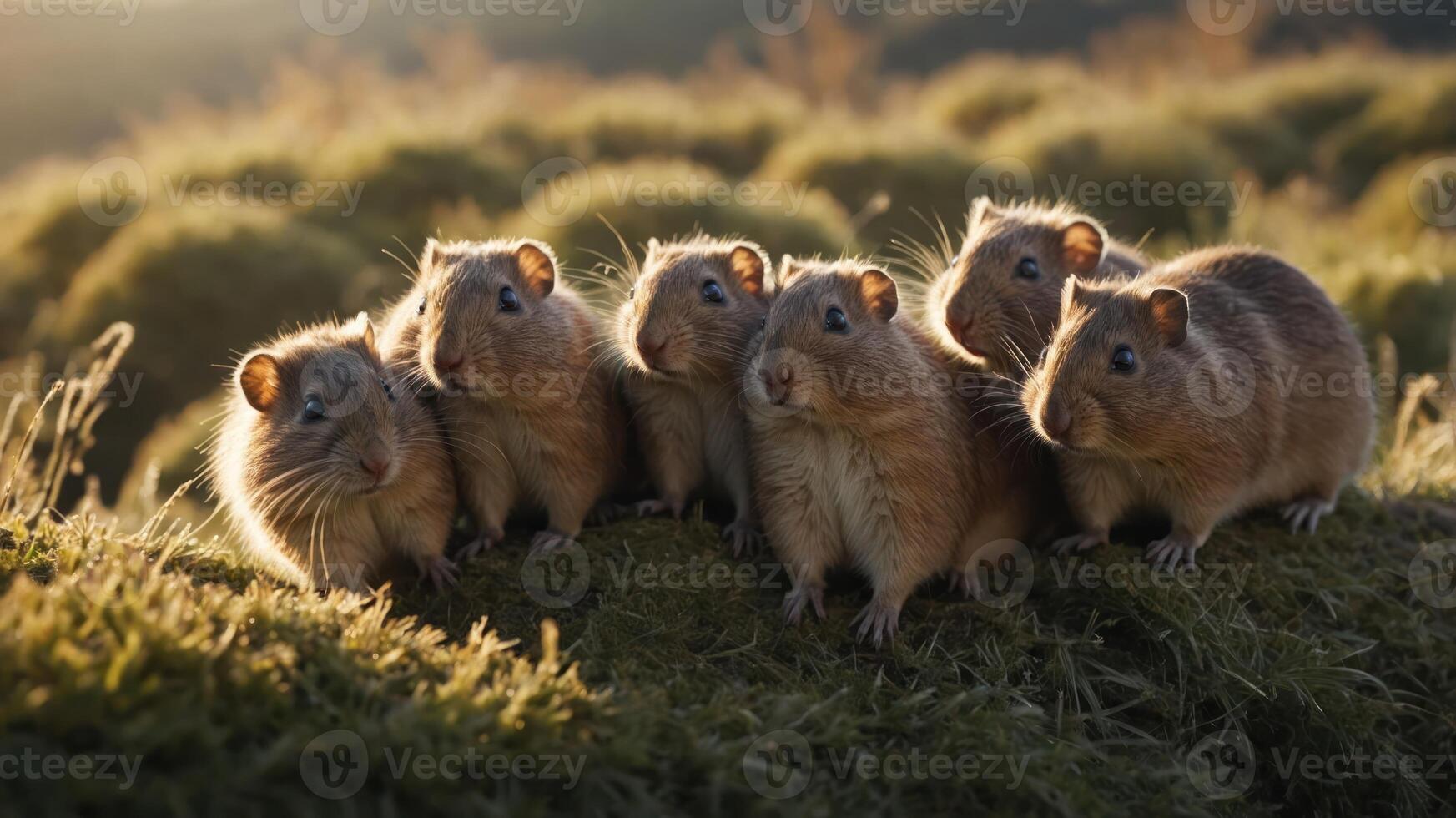 A group of six small rodents sitting together on mossy ground during sunset. photo