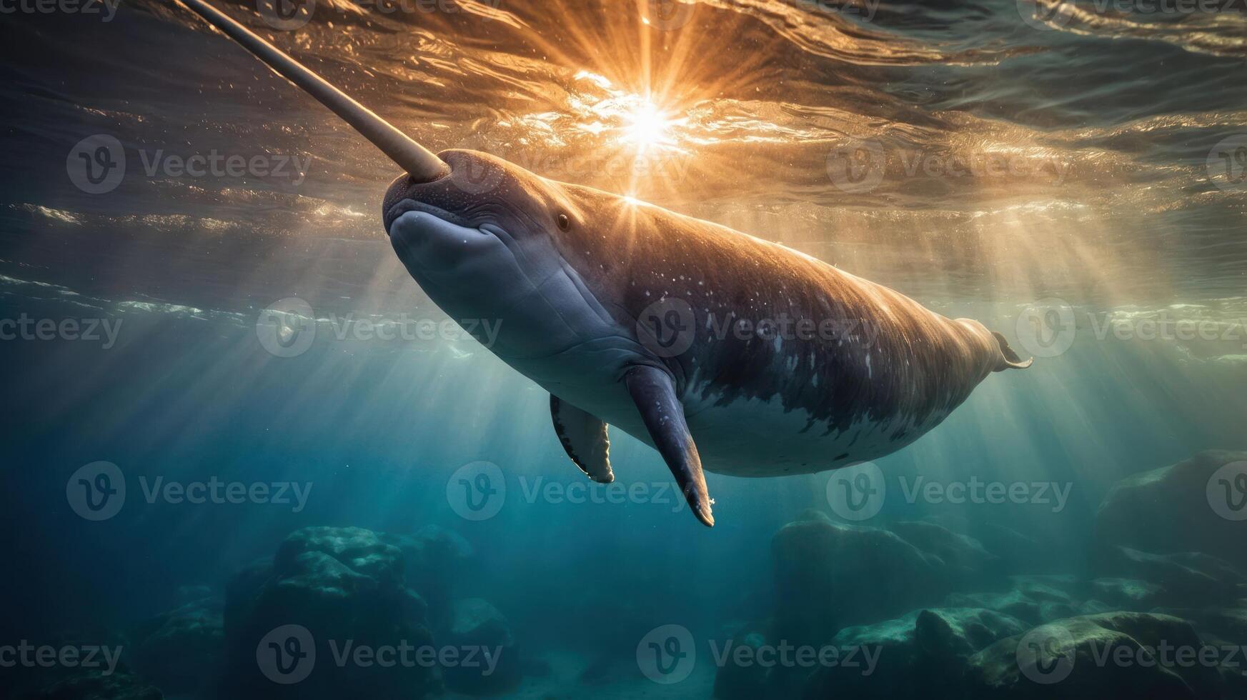 A narwhal swims gracefully underwater, illuminated by sunlight filtering through the surface. photo