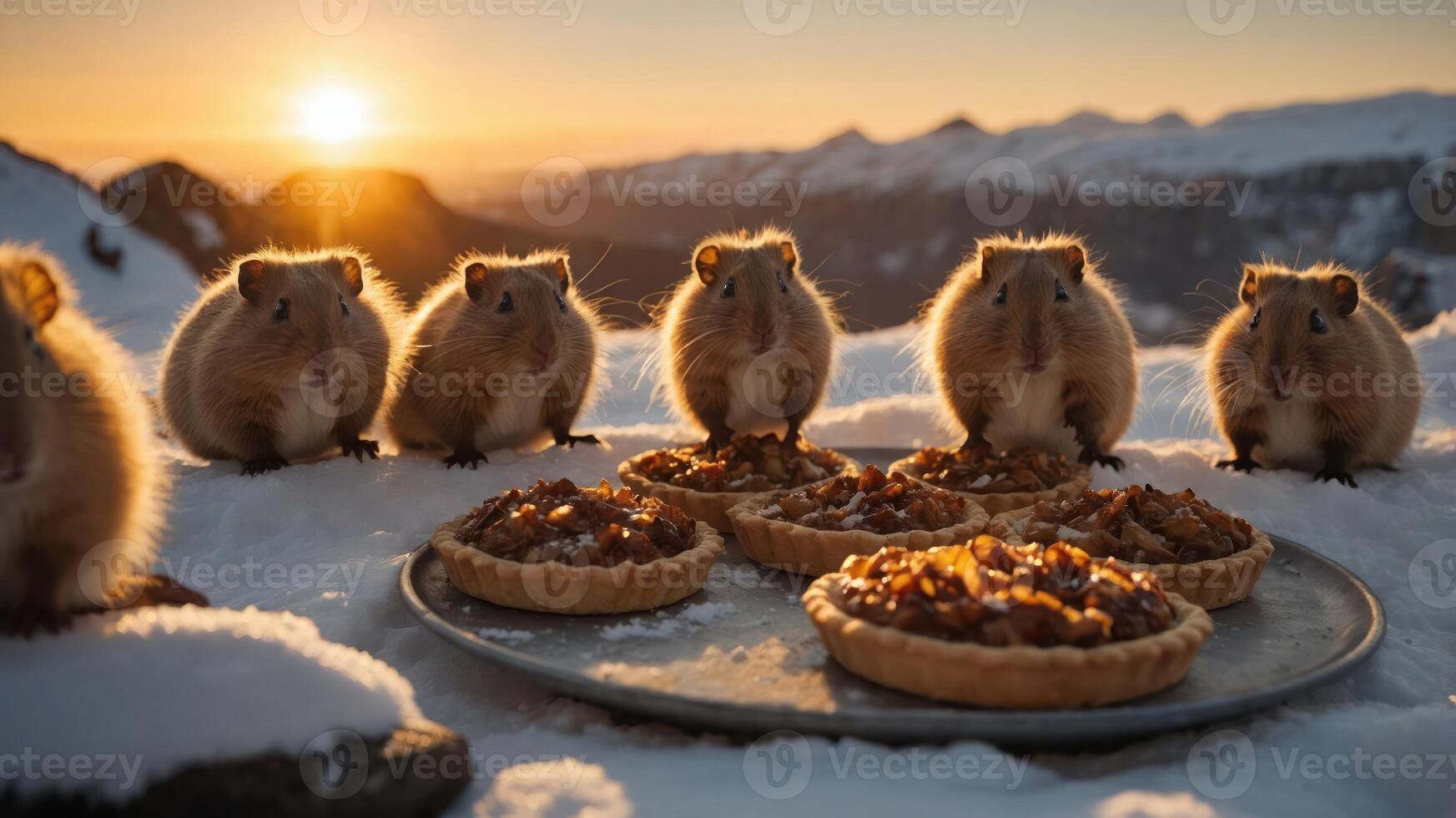 A group of small animals enjoying pies in a snowy landscape at sunset. photo