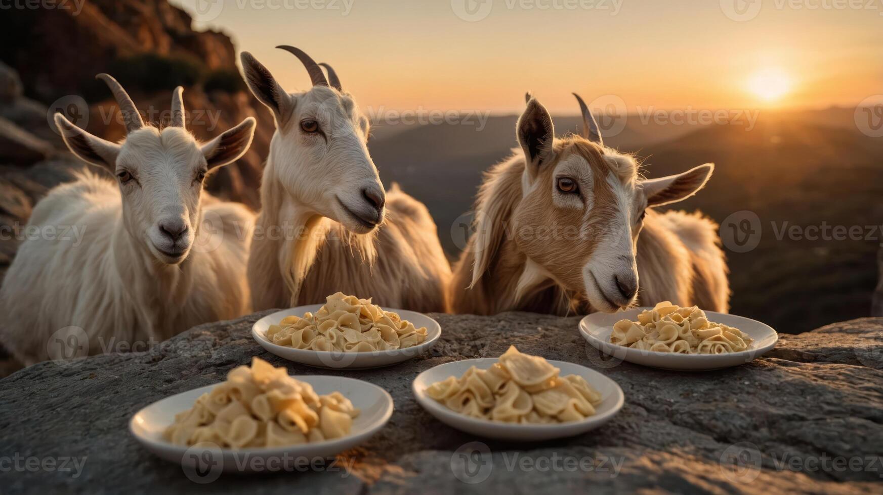 Three goats enjoying plates of pasta at sunset on a rocky landscape. photo
