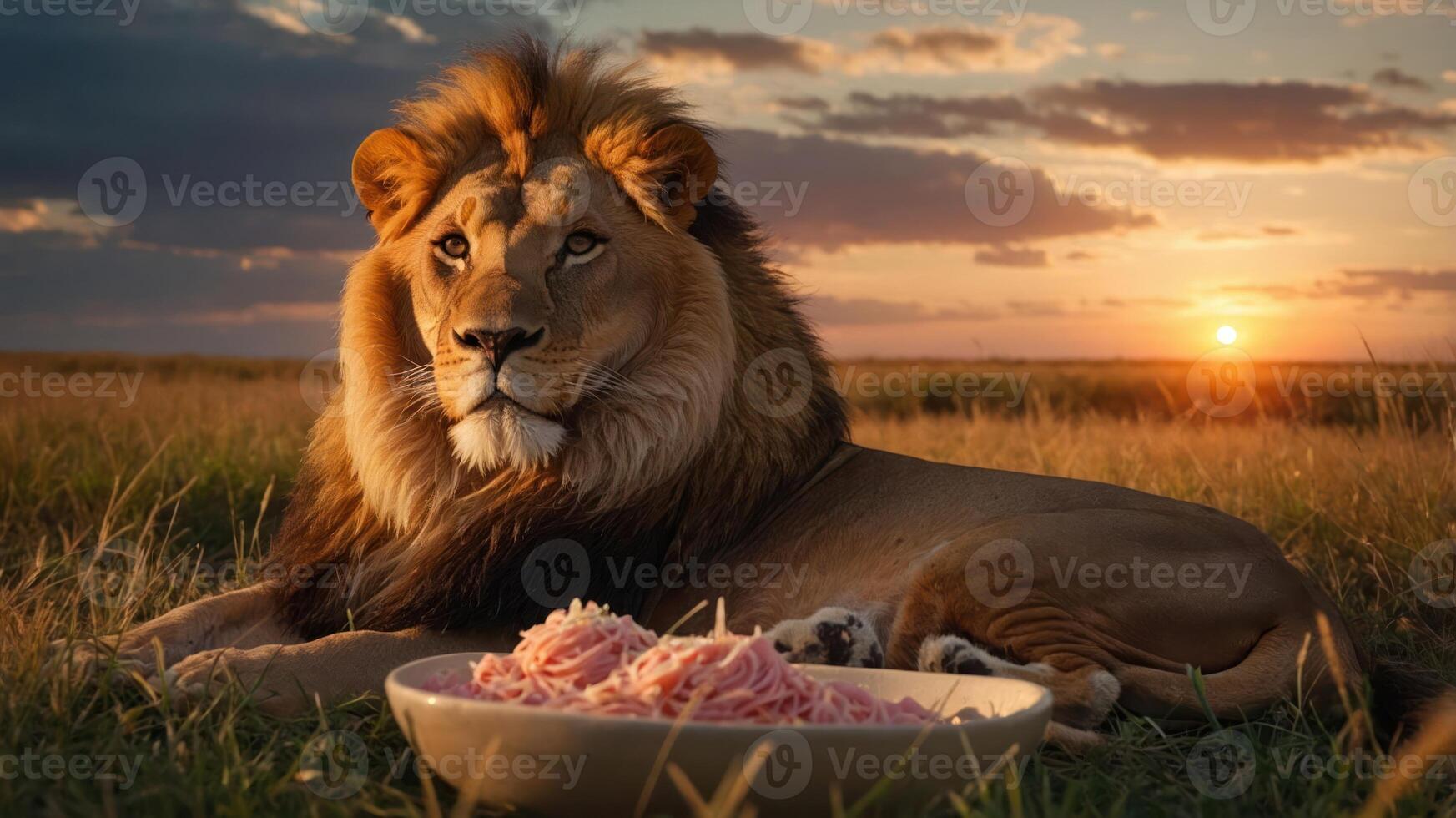 A lion rests in a grassy field at sunset, beside a bowl of meat. photo