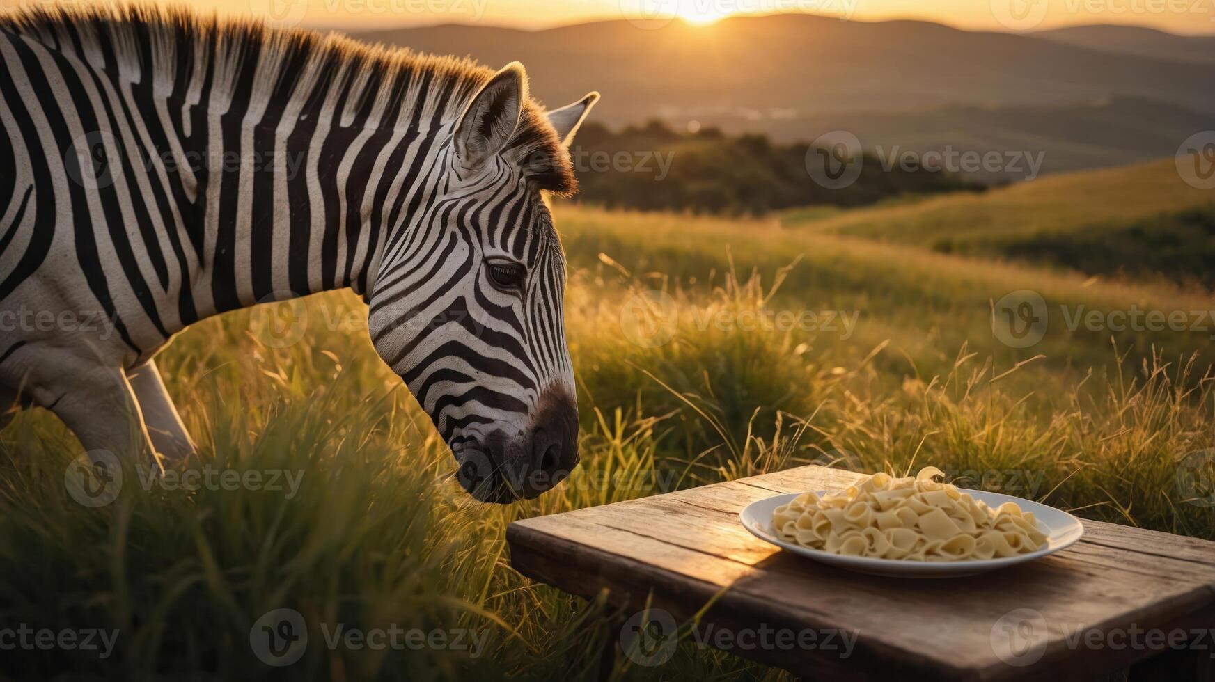A zebra curiously approaches a plate of pasta in a scenic sunset landscape. photo
