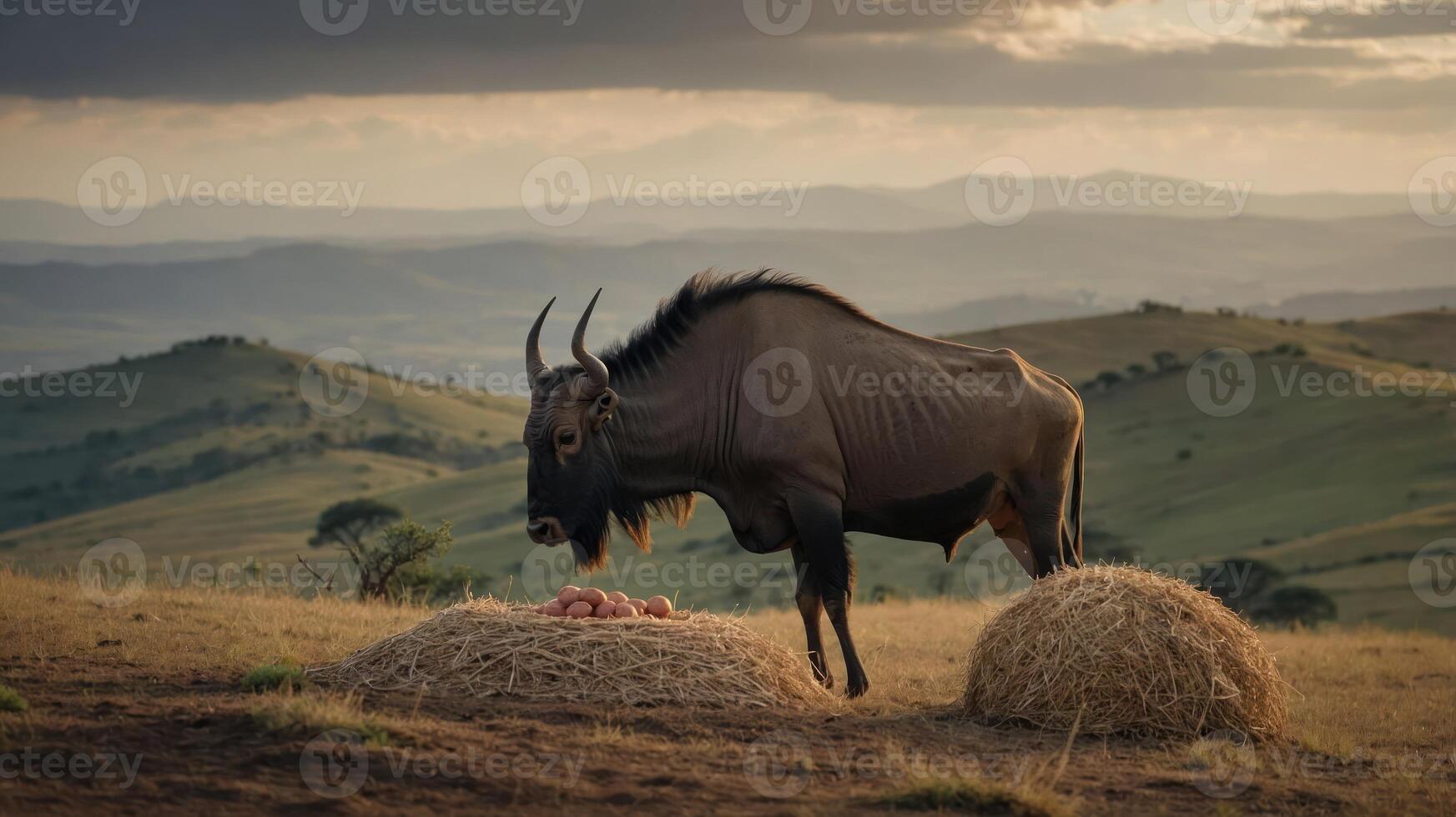 A wildebeest stands near hay bales in a scenic landscape at sunset. photo
