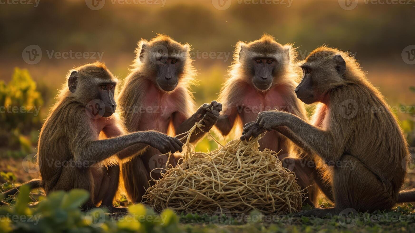 Four baboons interacting with a pile of noodles in a natural setting during sunset. photo