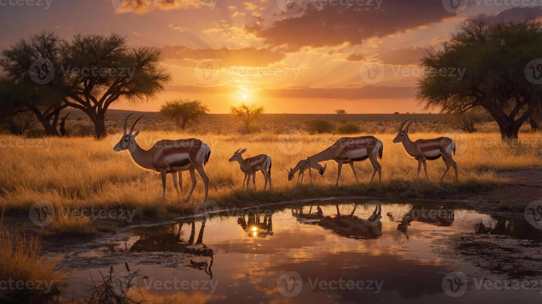A serene sunset scene featuring antelopes near a waterhole in a savanna landscape. photo