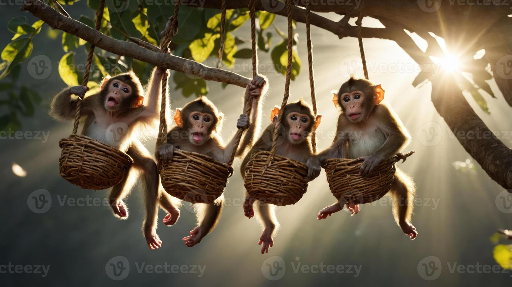 Four monkeys sitting in woven baskets, hanging from a tree, illuminated by sunlight. photo