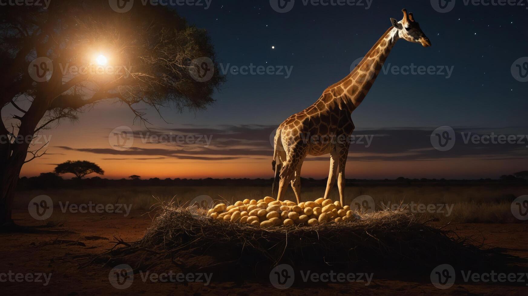 A surreal scene featuring a giraffe standing on a nest of eggs under a moonlit sky. photo