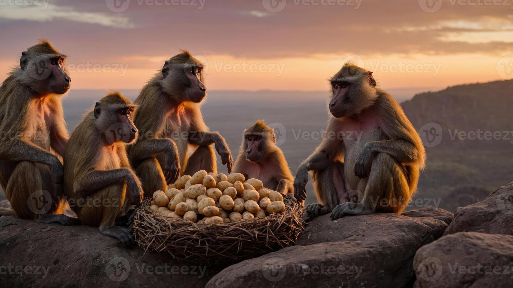 A group of monkeys sits around a nest of eggs during a sunset in a natural landscape. photo