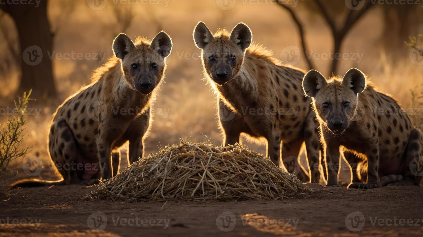 Three hyenas are gathered around a mound of straw in a warm, golden-lit environment. photo