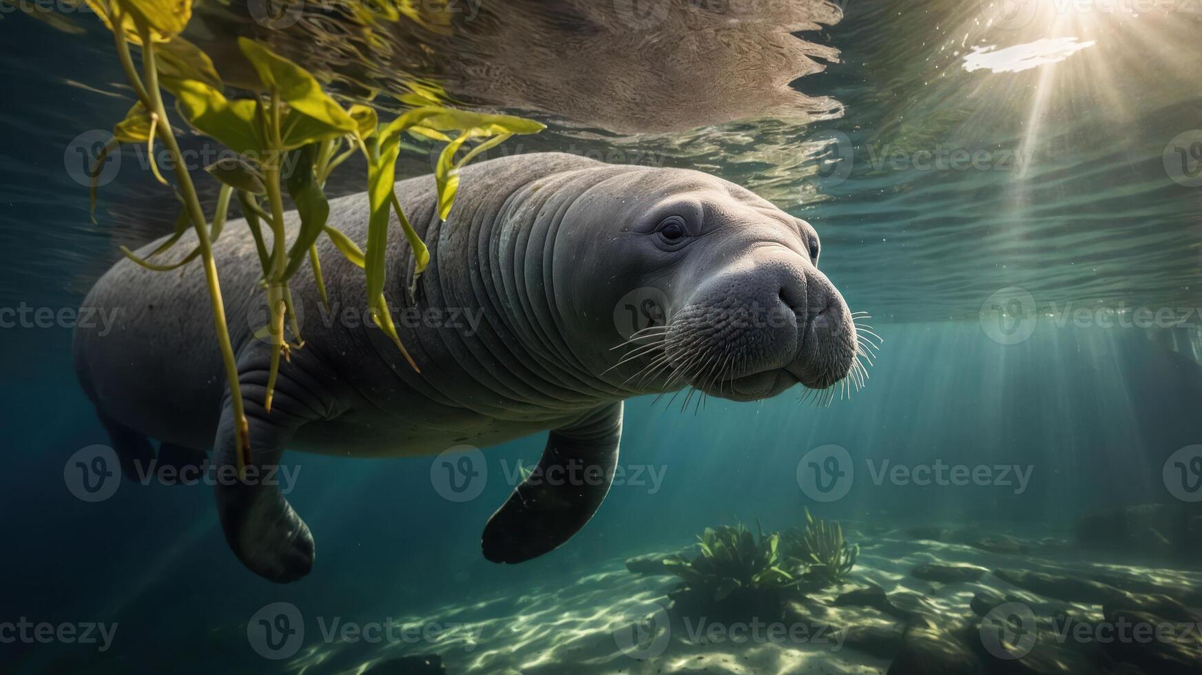 A serene underwater scene featuring a manatee swimming through sunlit waters. photo