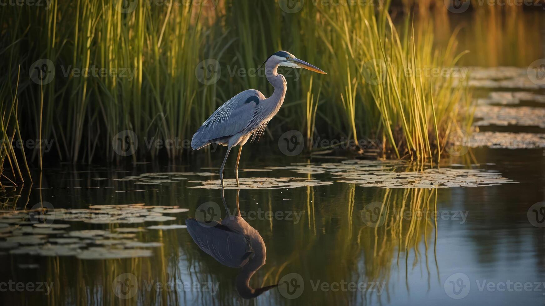 A heron stands in calm water surrounded by tall grass and lily pads, reflecting in the water. photo