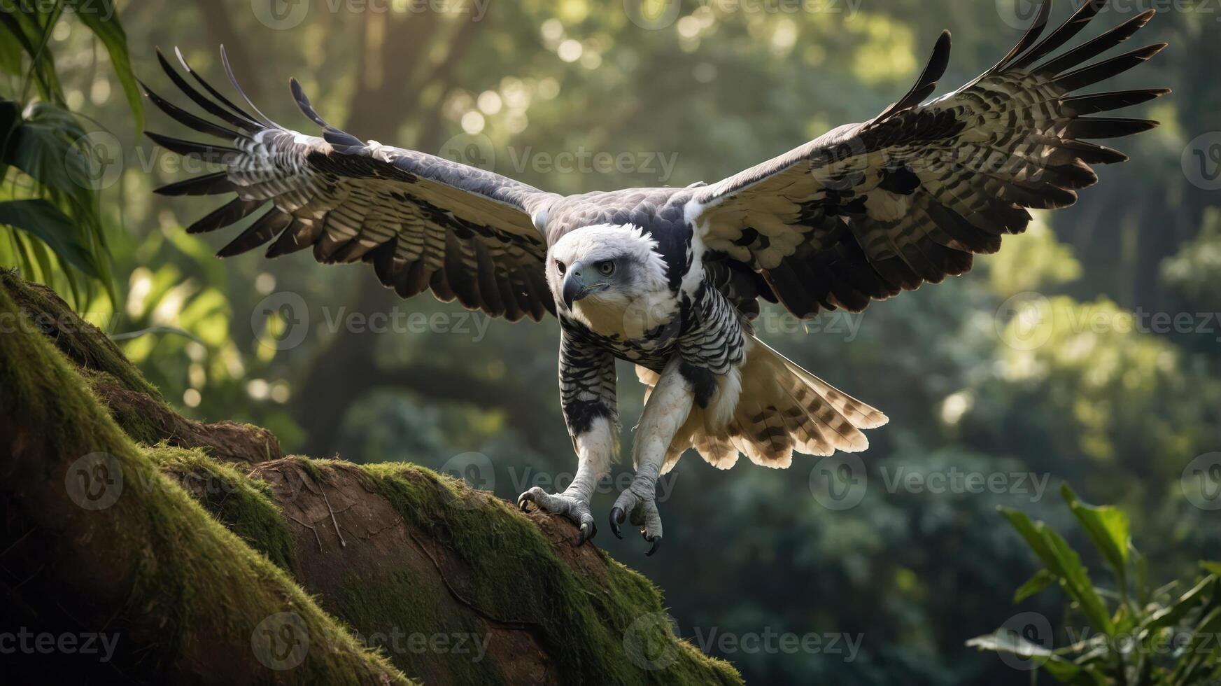 A majestic eagle spreads its wings, poised for flight amidst a lush, green forest background. photo