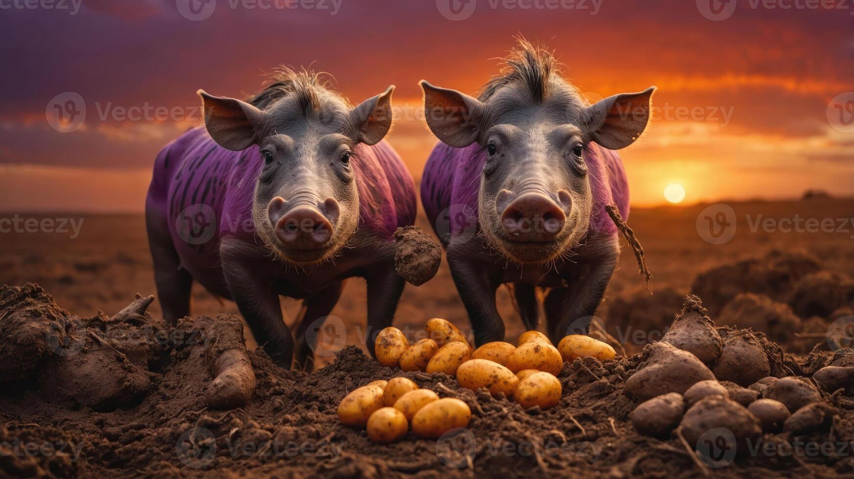Two pigs in purple attire beside freshly dug potatoes at sunset. photo