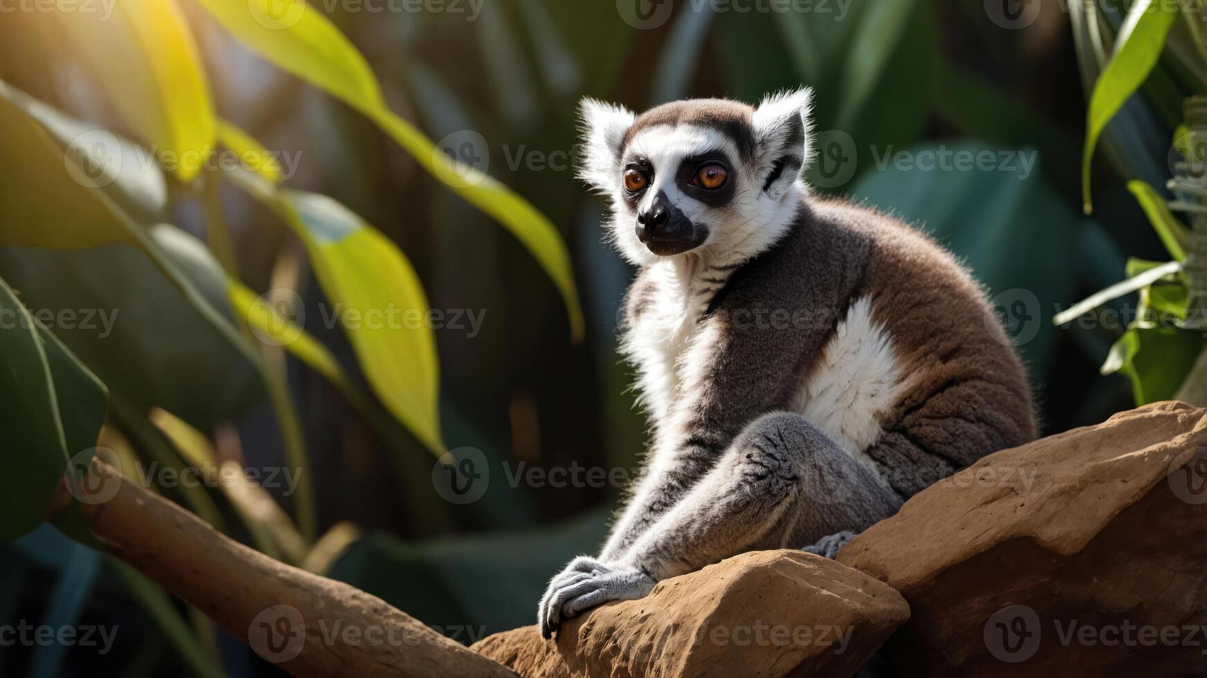 A lemur sitting on a branch amidst lush green foliage, showcasing its unique features. photo