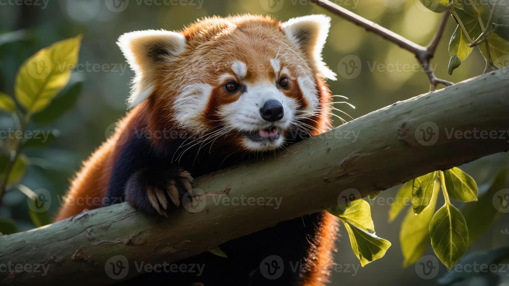 A red panda resting on a branch amidst lush greenery, showcasing its playful demeanor. photo