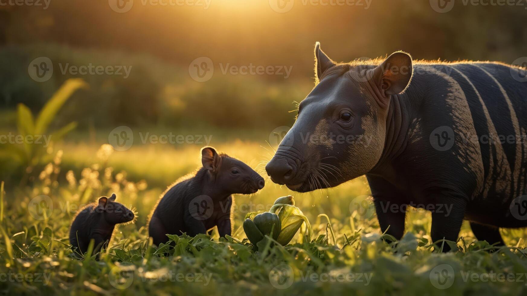 A mother tapir and her young ones explore a lush green field during sunset. photo