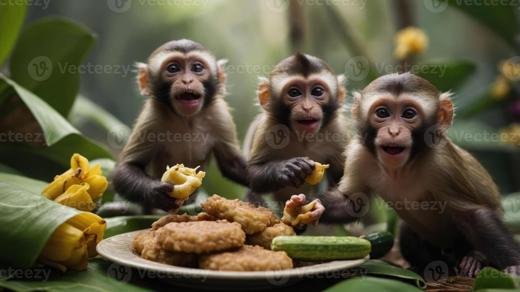 Three monkeys enjoying food in a lush, tropical setting. photo