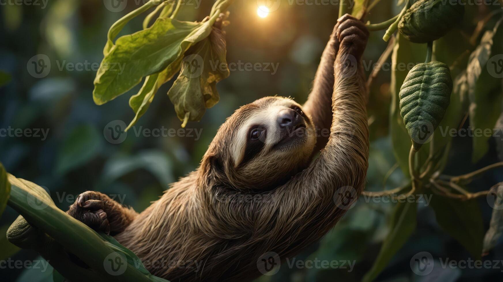 A sloth hanging on a branch in a lush green environment, illuminated by soft light. photo