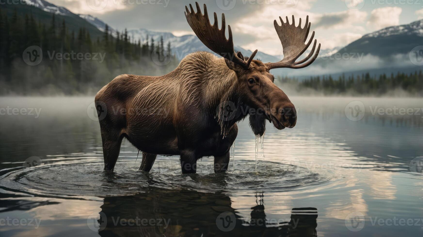 A majestic moose standing in a serene lake surrounded by misty mountains. photo