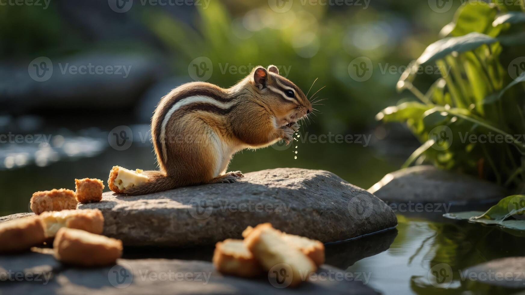 A chipmunk enjoying food by a serene water source. photo