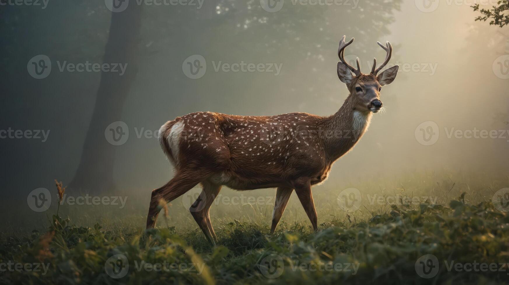 A deer stands gracefully in a misty forest, showcasing nature's tranquility. photo