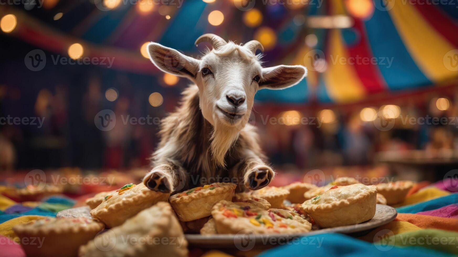 A goat playfully interacts with a plate of colorful pastries in a festive circus setting. photo