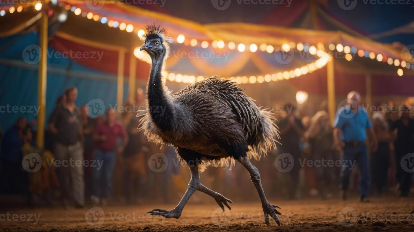 An ostrich runs in a lively circus setting, surrounded by an audience and colorful tents. photo