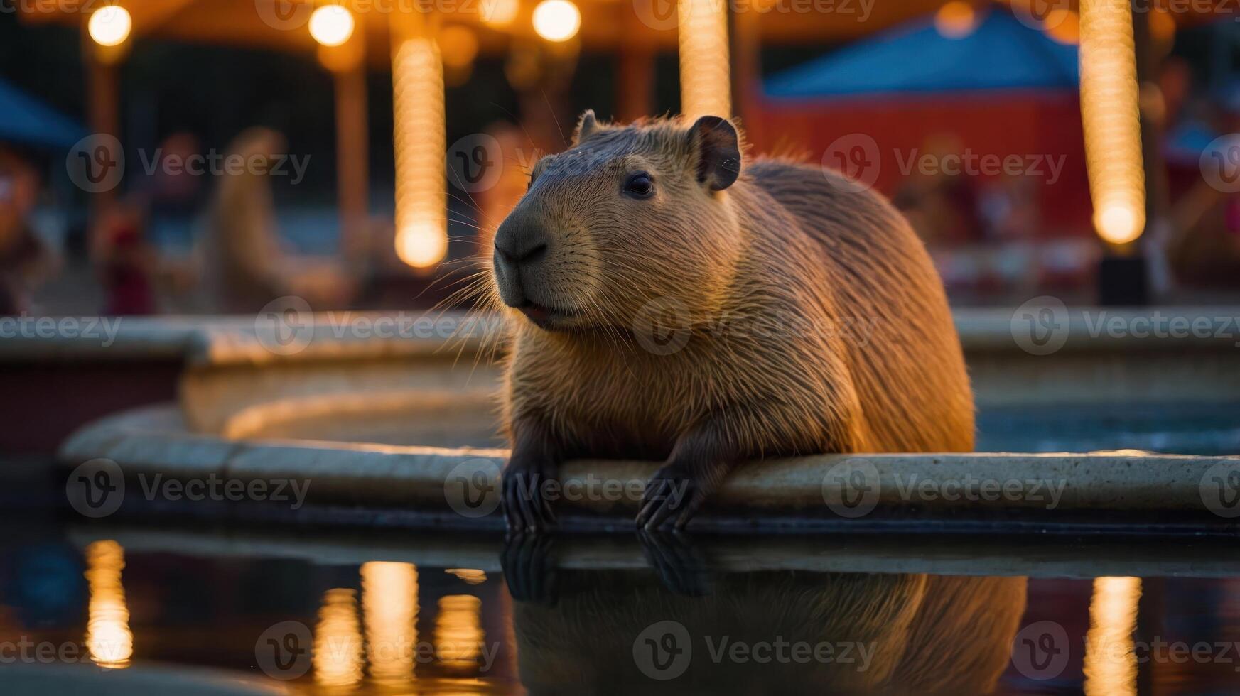 A capybara resting by a water feature at dusk, surrounded by soft lighting. photo
