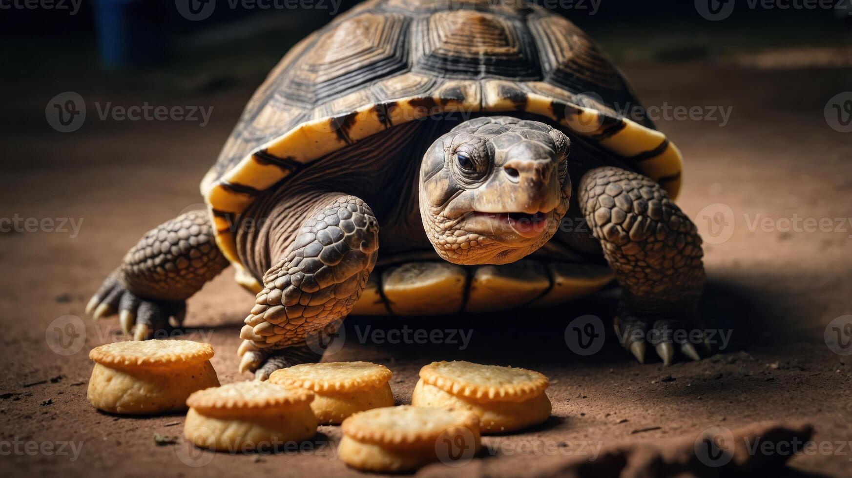 A tortoise is surrounded by cookies, showcasing a playful interaction with food. photo