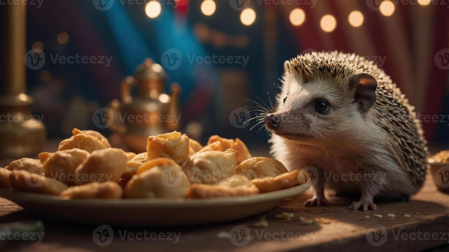 A hedgehog curiously examines a plate of pastries in a whimsical setting. photo