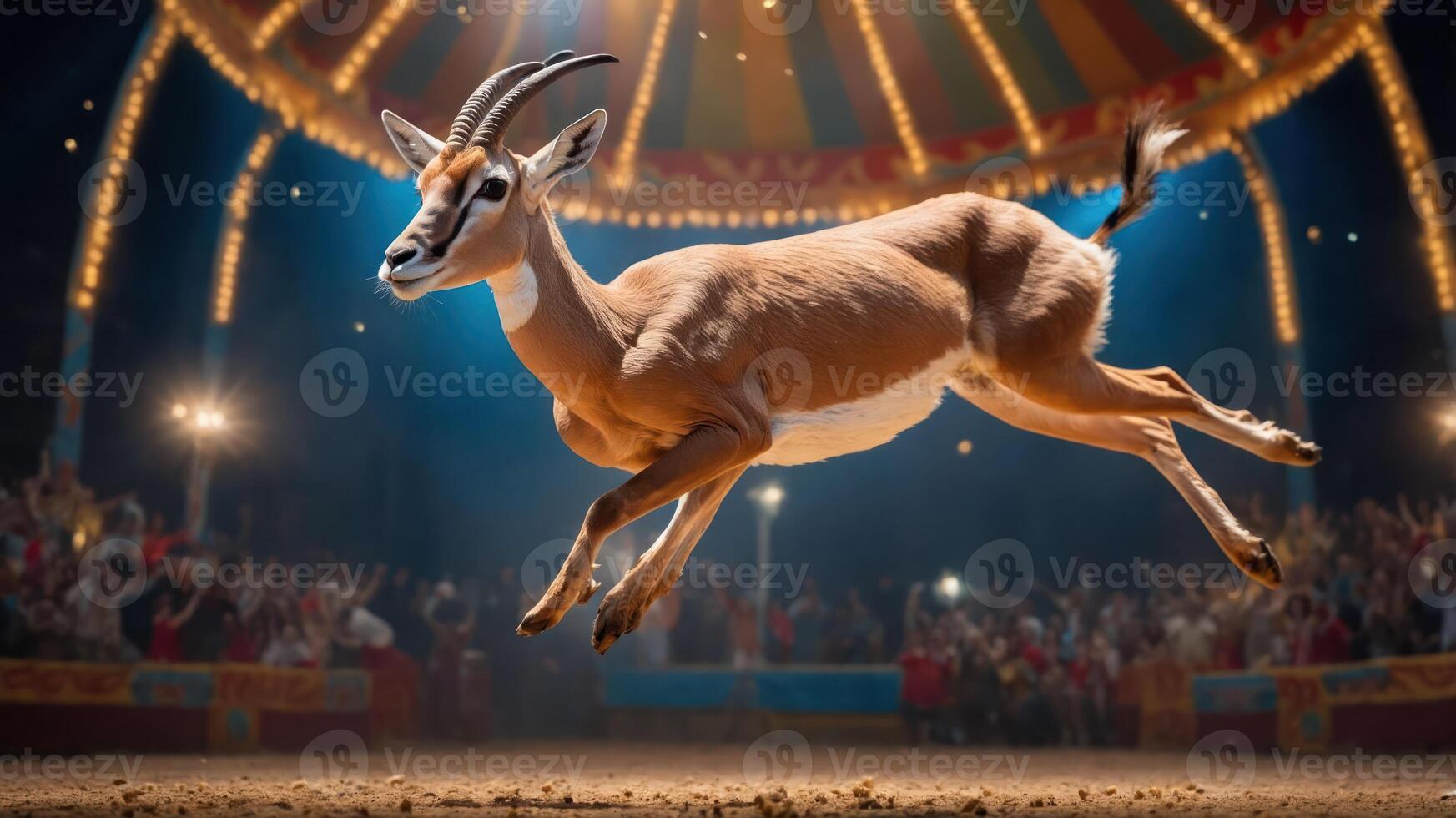 A gazelle leaps gracefully in a vibrant circus arena, captivating an enthusiastic audience. photo
