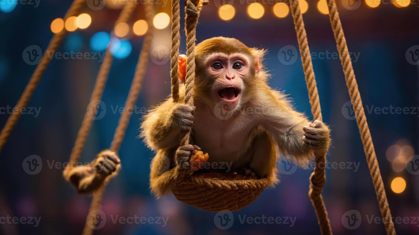 A monkey swings in a basket, expressing joy in a vibrant, colorful setting. photo