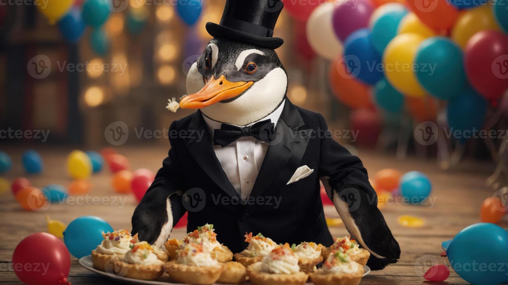 A penguin in a tuxedo serves desserts at a festive party with colorful balloons. photo