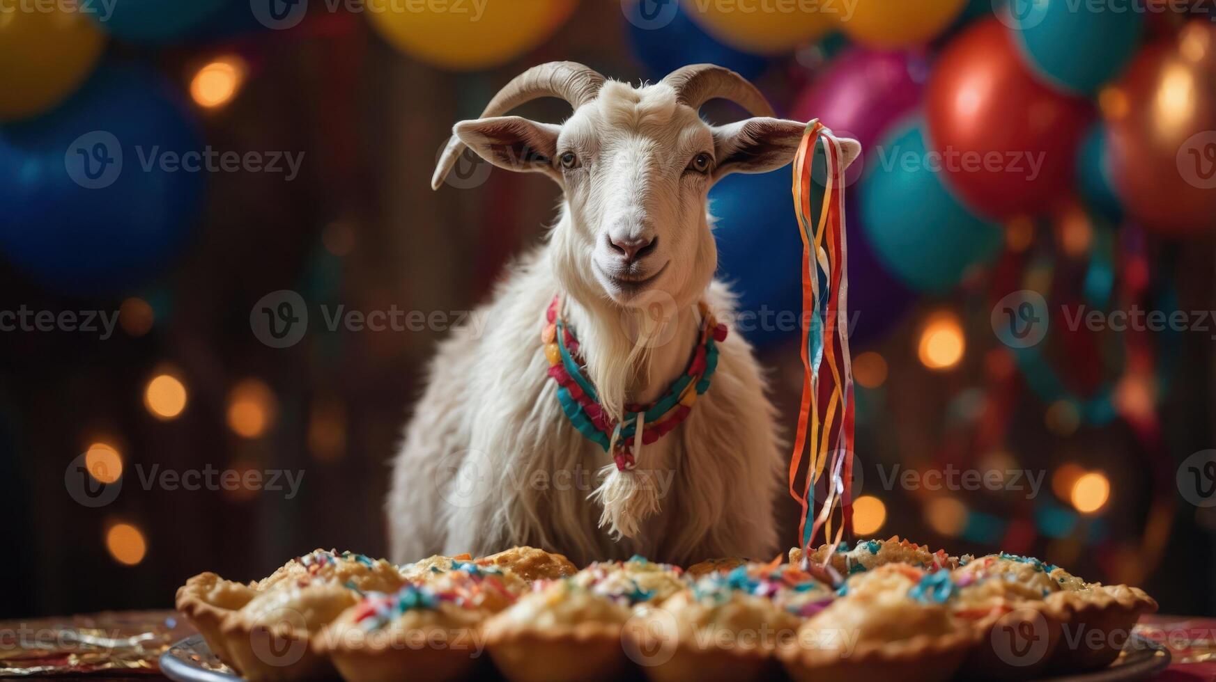A goat adorned with a necklace stands beside colorful pies at a festive celebration. photo