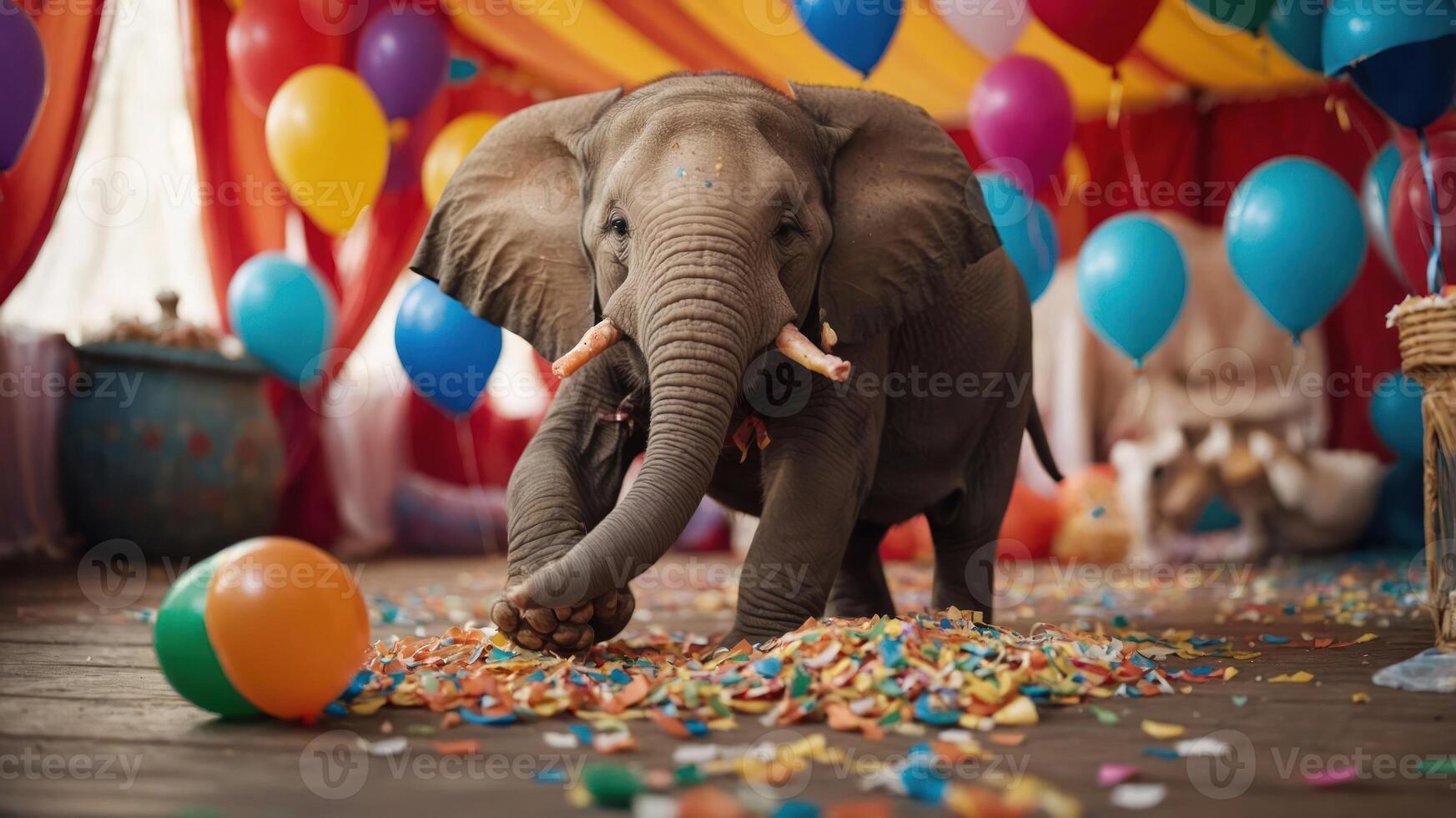 A playful elephant surrounded by colorful balloons and confetti in a festive setting. photo