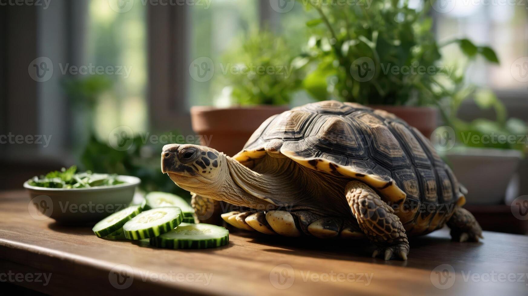 A tortoise beside fresh cucumber slices and greens on a wooden table in a sunlit environment. photo