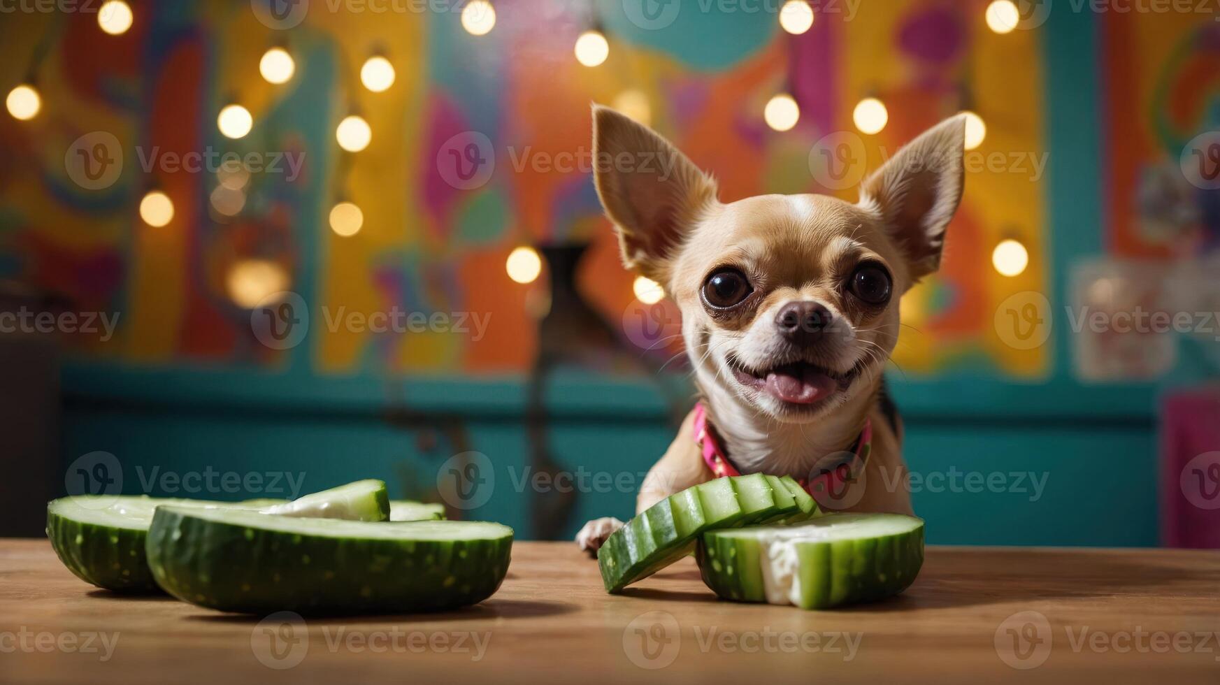 A happy Chihuahua sits at a table with cucumber slices, creating a playful atmosphere. photo