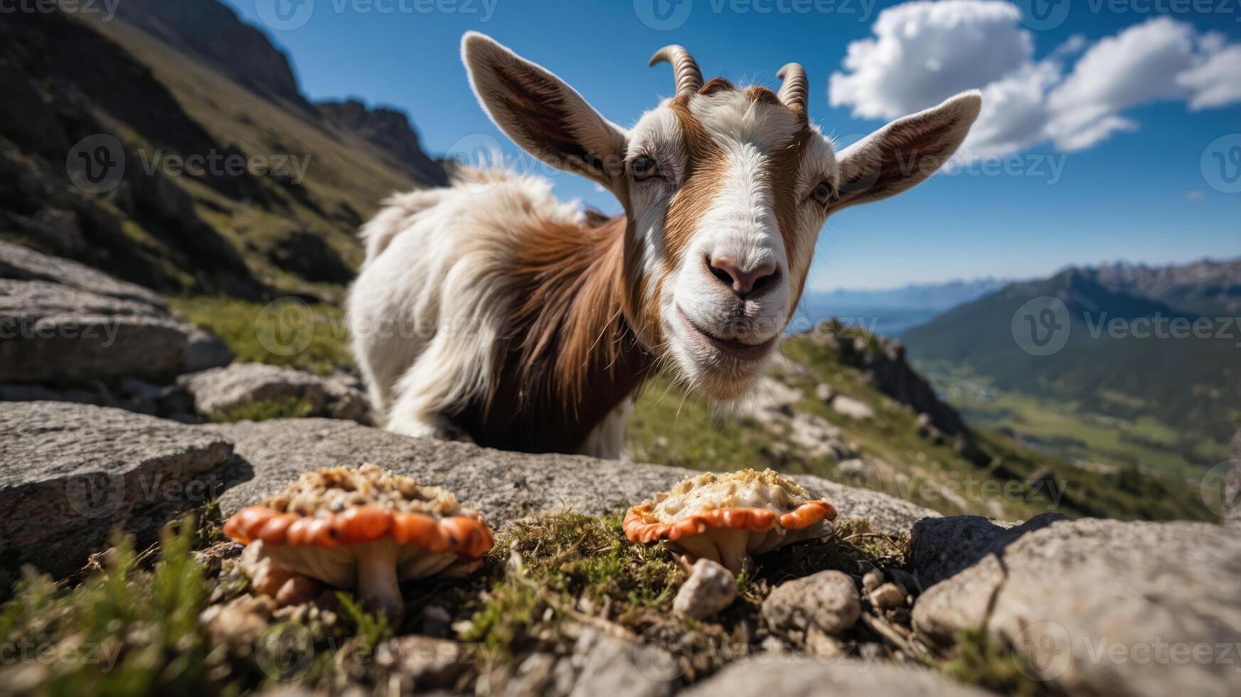 A goat curiously approaches colorful mushrooms in a mountainous landscape. photo